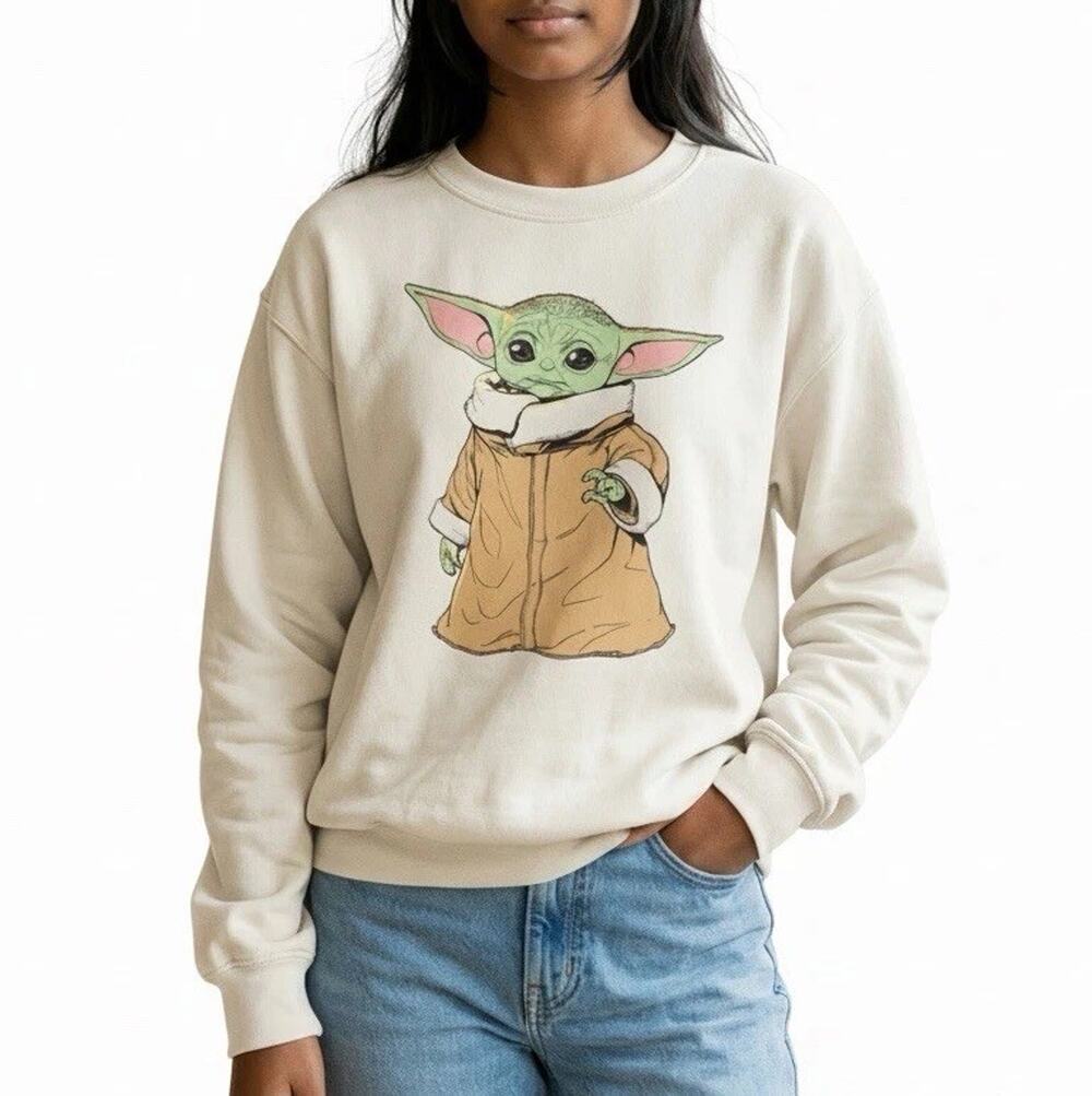 Star Wars Grogu Baby Yoda Juniors Large White Fleece Crewneck Sweatshirt L